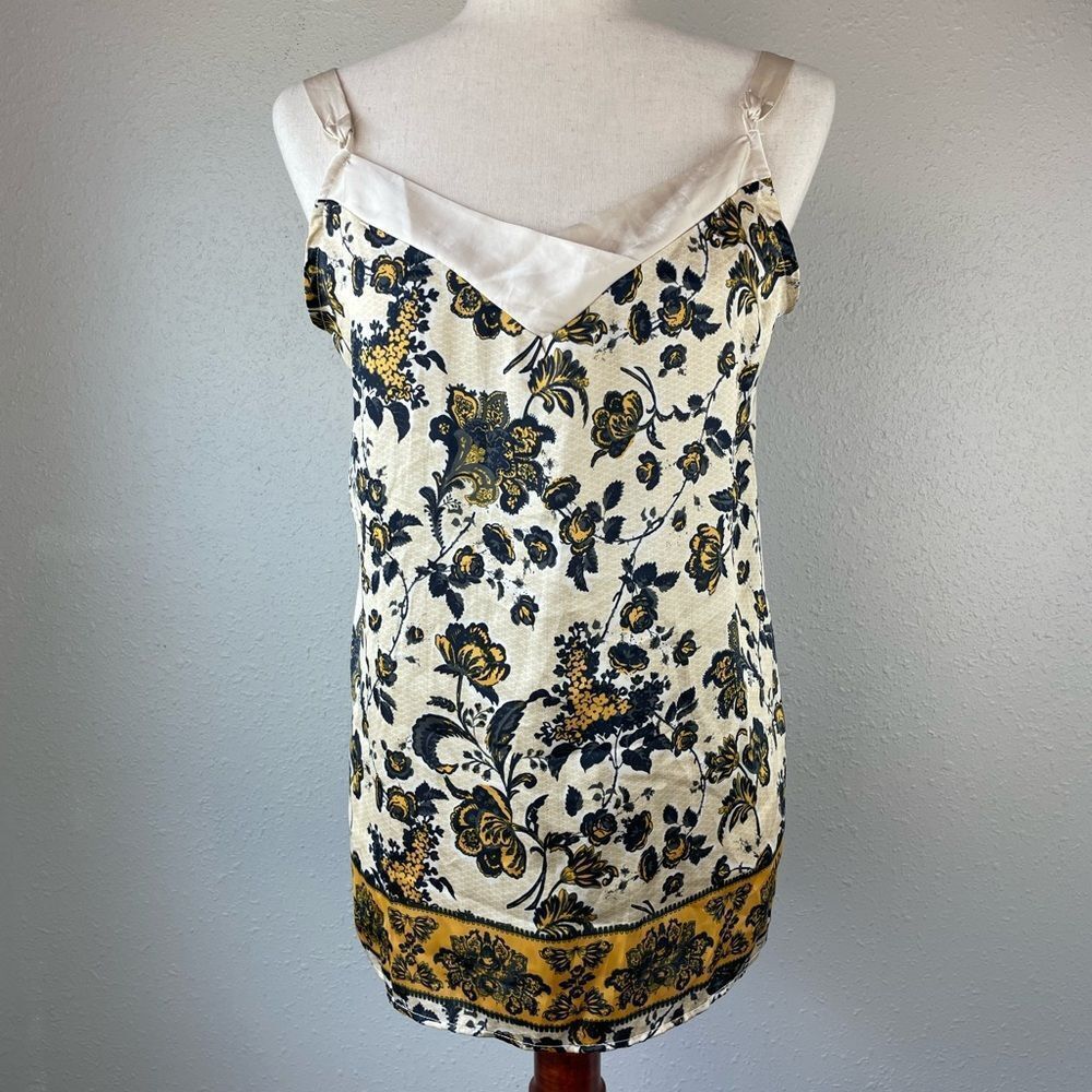 Free People Cream And Blue Floral Satin-Trim Cami with Dark Yellow Border